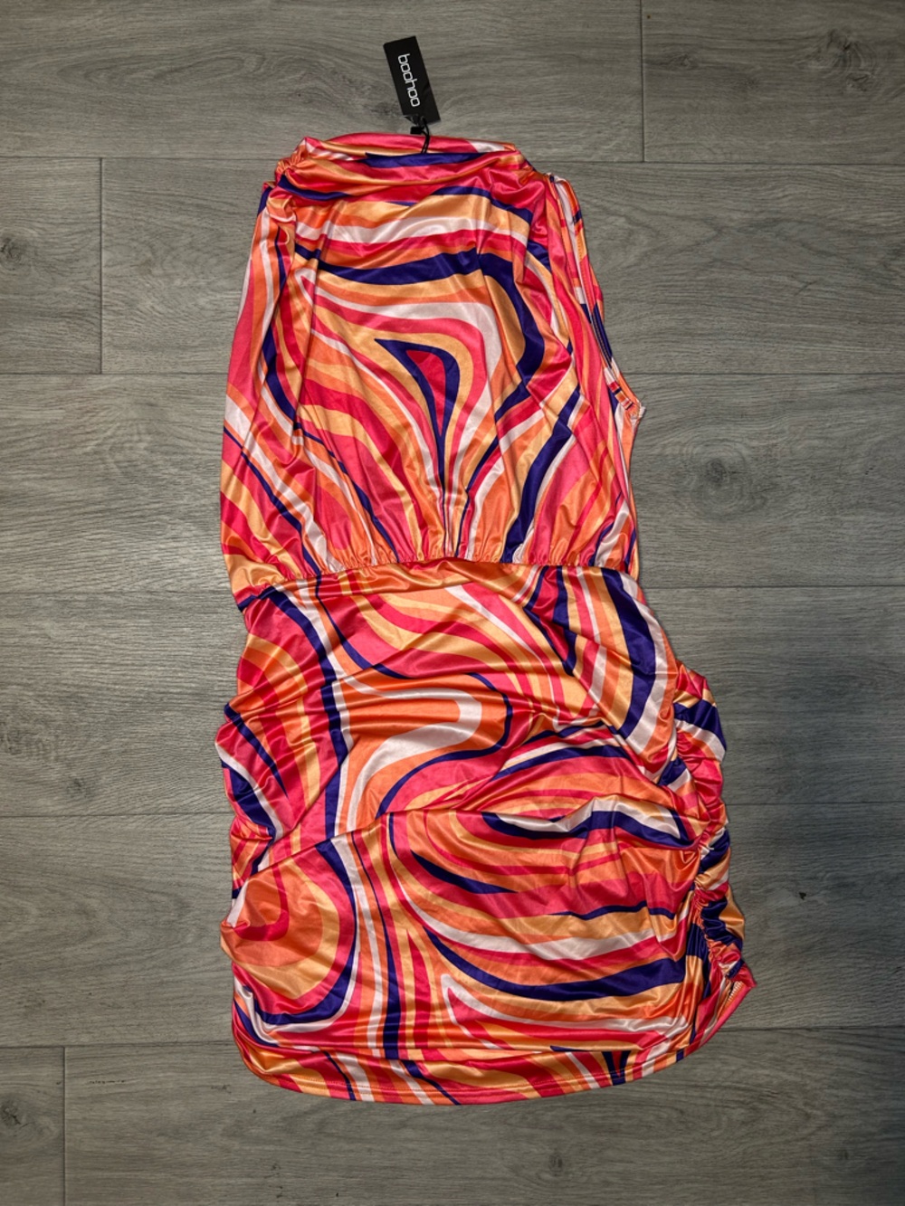 Abstract Print Slinky High Neck Ruched Mini Dress - Picture 5 of 6